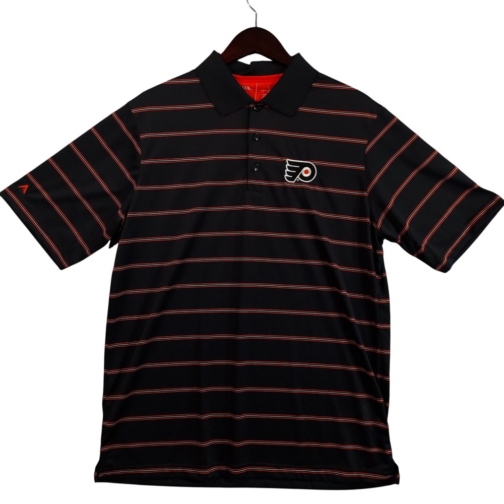 Philadelphia Flyers NHL Polo Shirt Mens Large Black Striped Short Sleeve Antigua